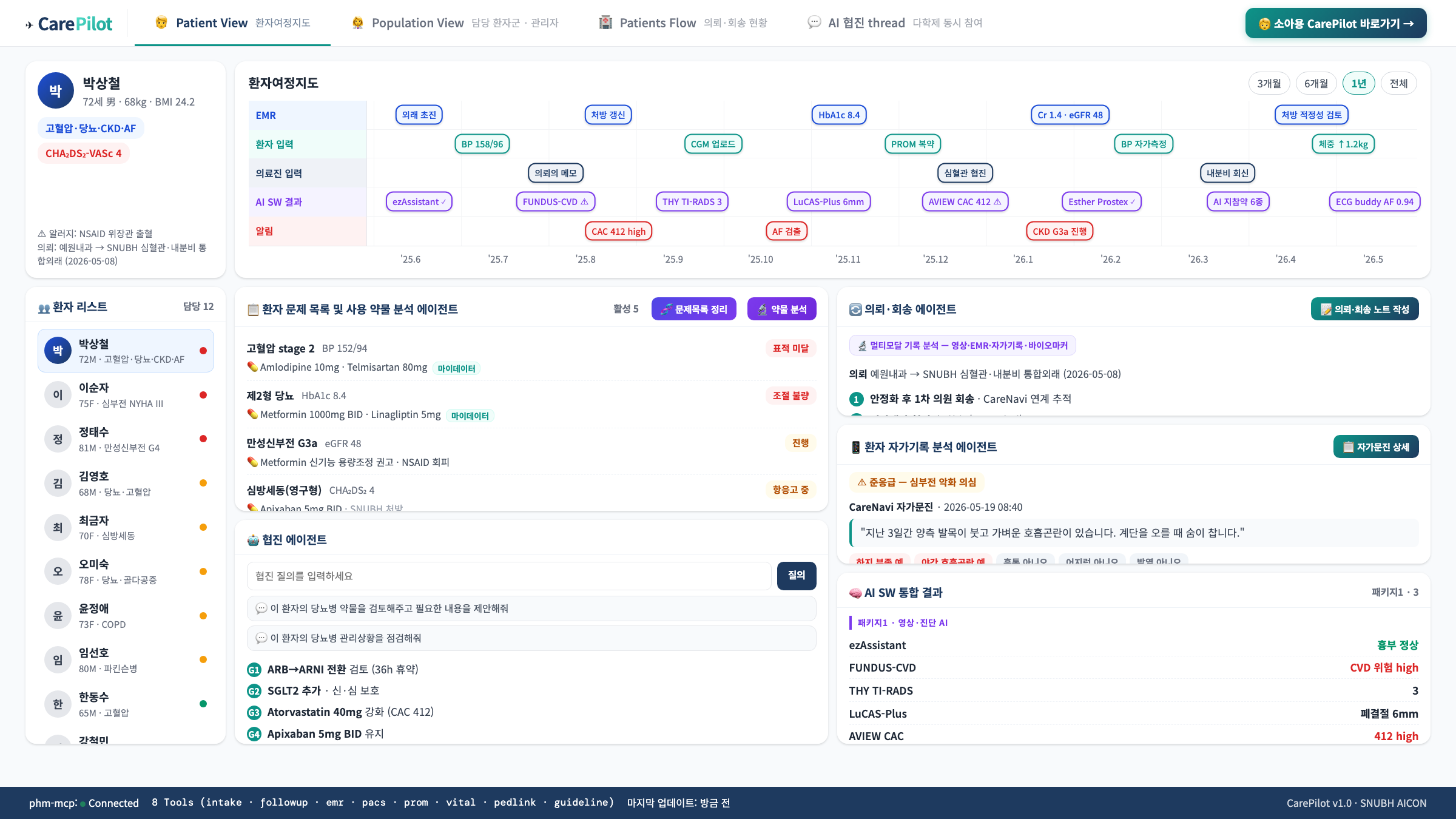 CarePilot 워크스페이스 — 환자여정지도·문제목록·협진 에이전트 화면